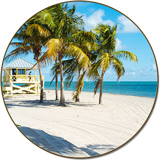 Picturesque beach with white sand, palm trees, a lifeguard stand, and a crystal clear ocean and blue sky in the background